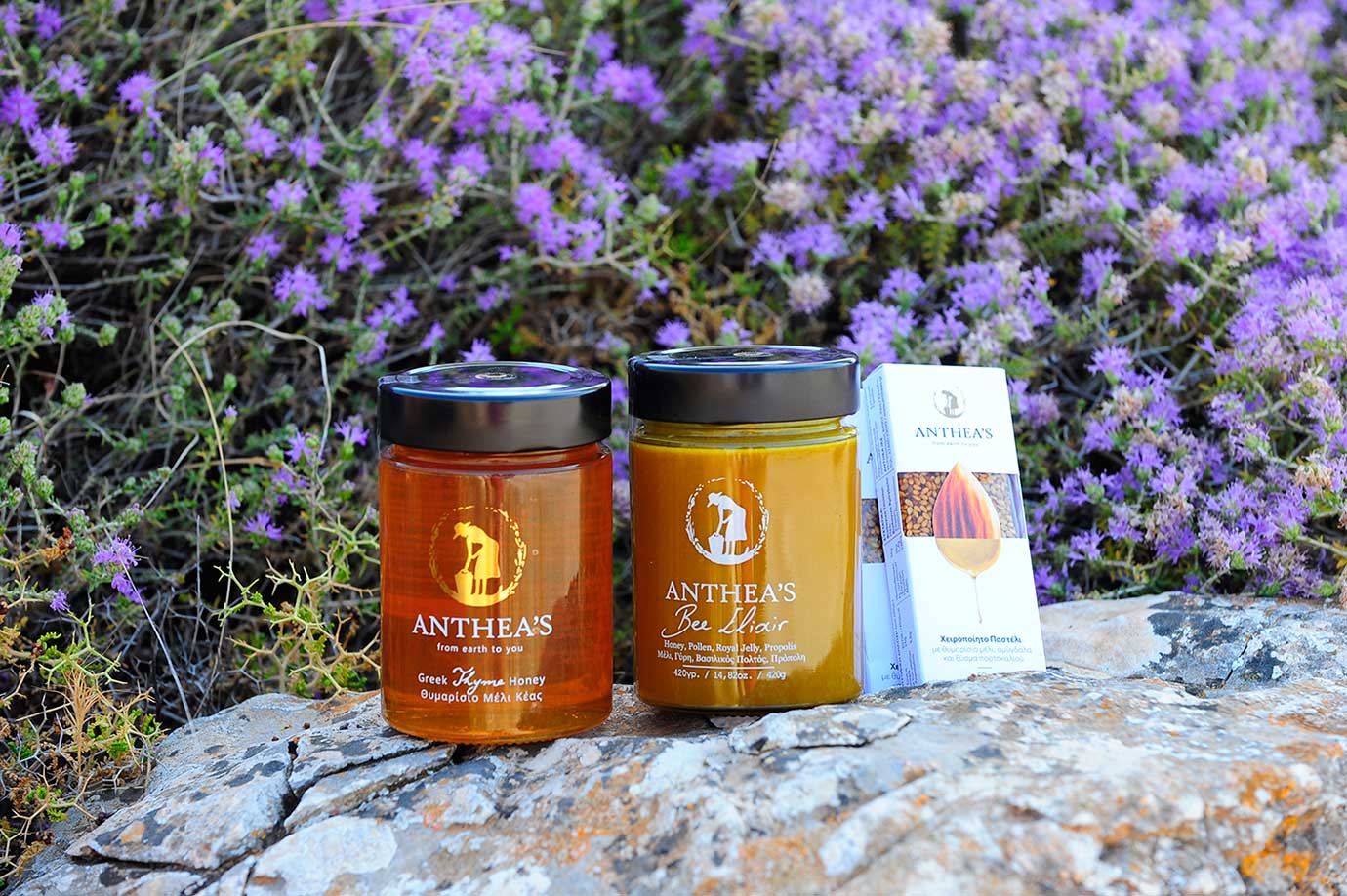 Anthea's thyme honey, bee elixir & Sesame bar - Θυμαρίσιο Μέλι, Bee elixir & Παστέλι